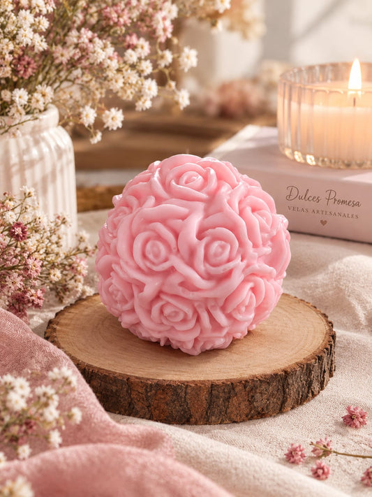 Vela Jardín de Rosas de color rosa, con forma redondeada y rosas en relieve sobre una base de madera