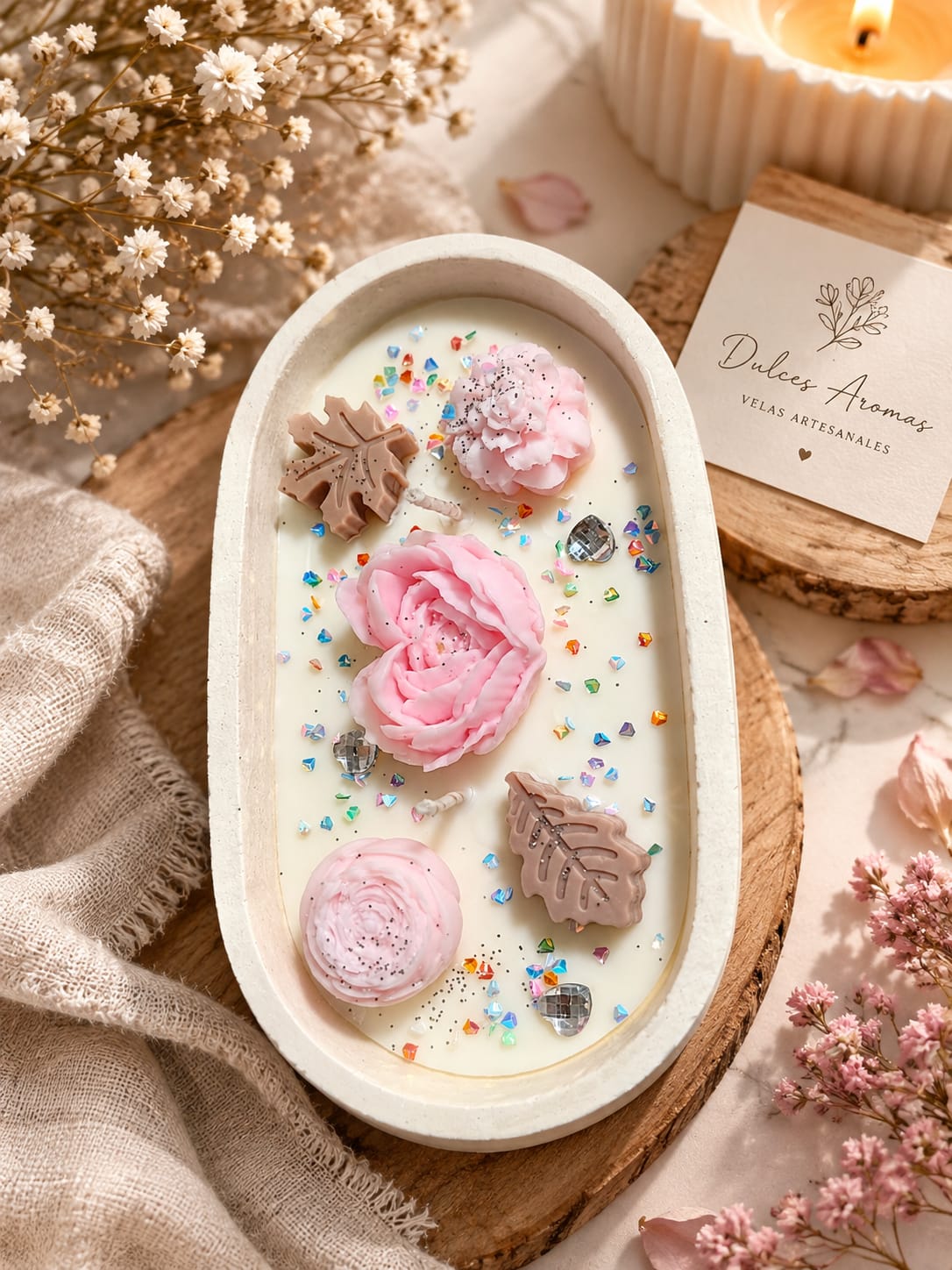 Vista superior de Vela Sinfonía de Rosas con decoración floral rosa y detalles brillantes