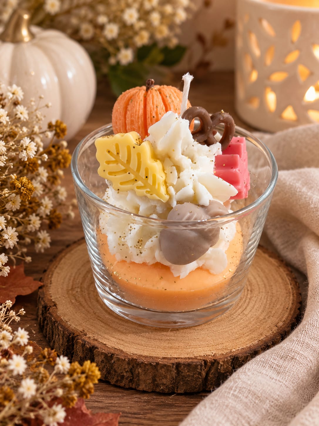 Vela Delicias de Otoño en recipiente de cristal con calabaza naranja y hojas decorativas